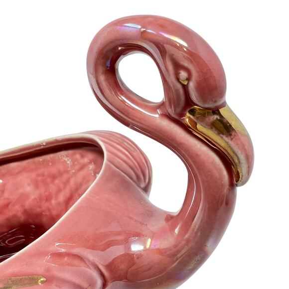 Vintage Mid Century Pink Luster Ceramic Flamingo Planter Pot Jardeniere McCoy ? - Picture 10 of 11